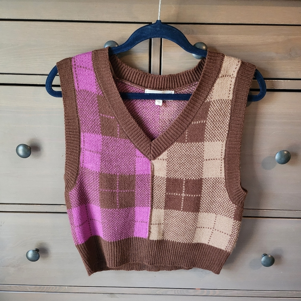 Plaid Brown and Pink Sweater Vest By No Comment
